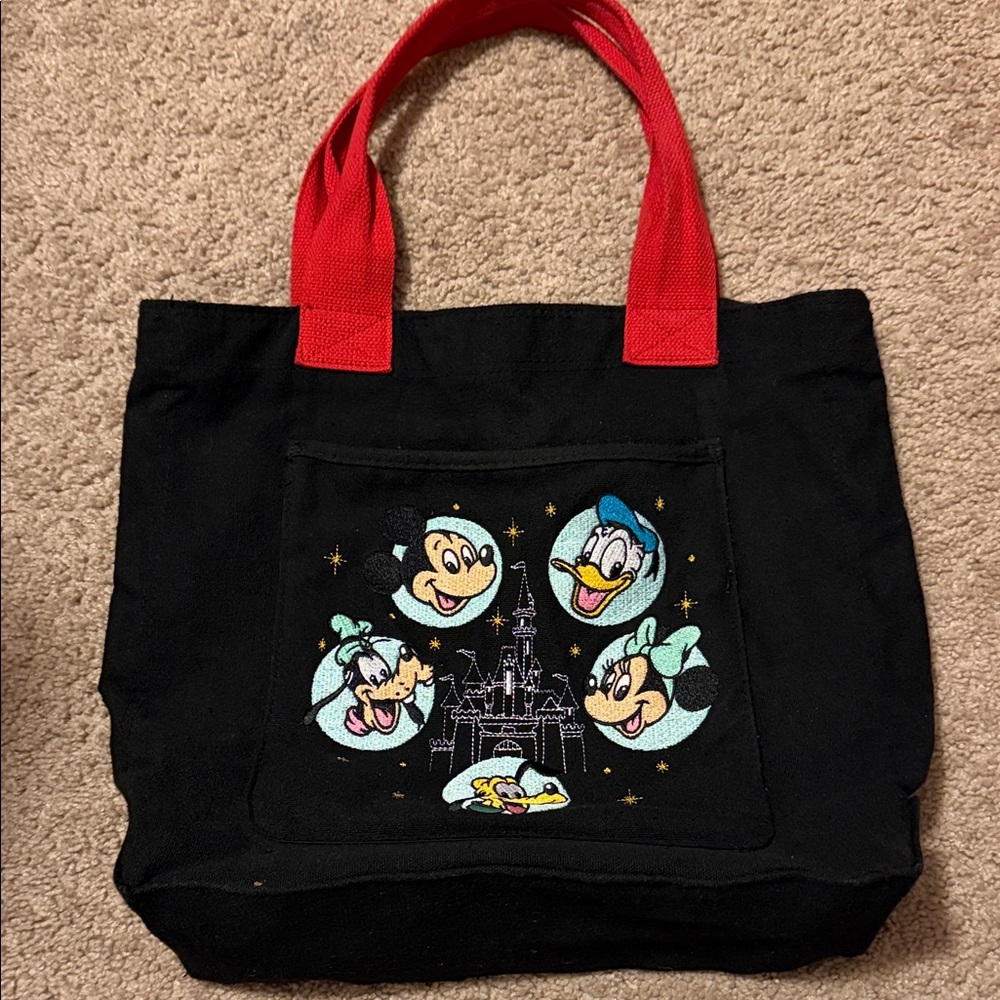 Black Tote Bag with Disney Characters and Red Handles